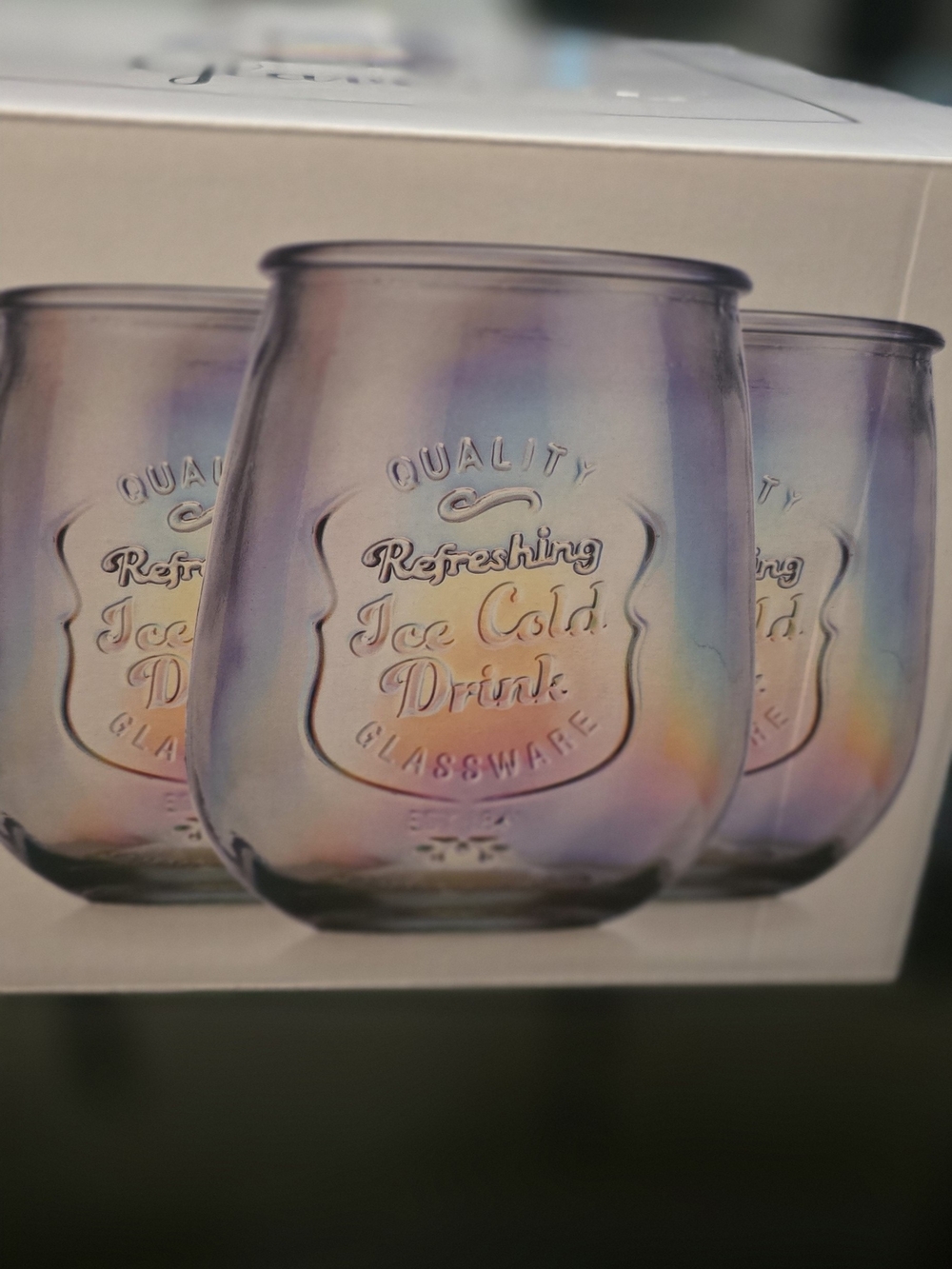 Set of 4 Iridescent Glass Tumblers — "Ice Cold Drink" Vintage Style